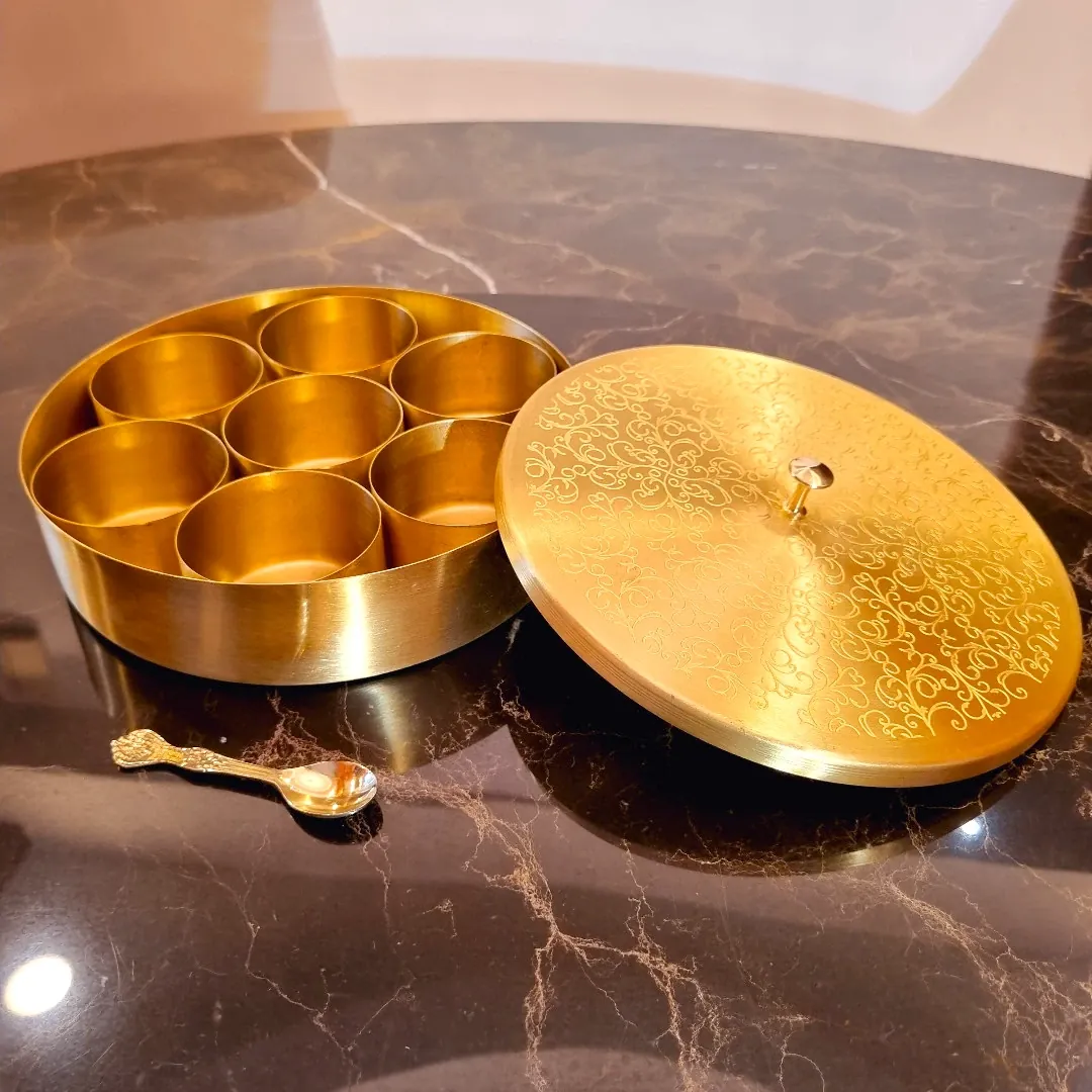 Pure Brass Masala Box 8 Inches With 7 containers, spoon and lid with knob