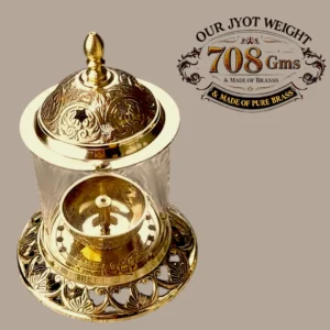 Brass Akhand Jyot Diya with glass cover and brass chimney for puja rituals