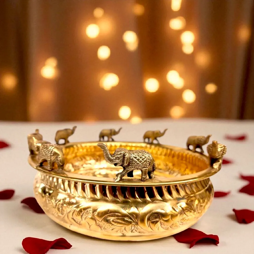 Brass Urli with Elephant Motifs