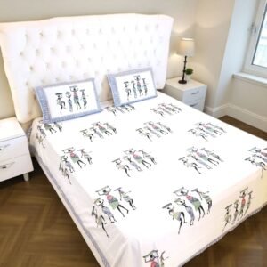 Premium pure cotton king size bedsheet featuring colorful tribal women print