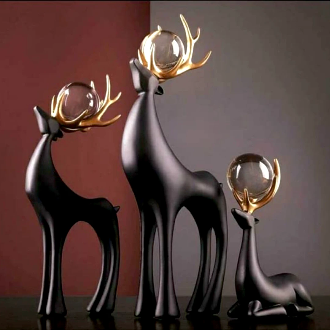 Deer figurine set of 3 with crystal ball and golden antlers polyresin home decor